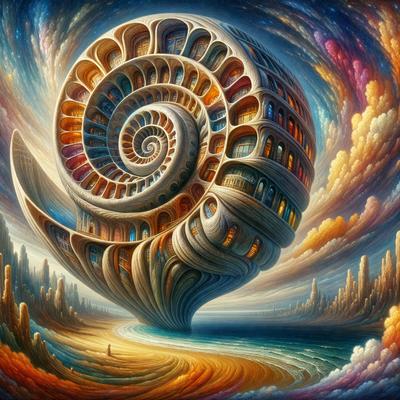 Primary subject: A large, colorful spiral shell with many windows and doors, resembling a building.

Setting/background: The spiral shell is situated on a beach, with a body of water in the background.

Visual style: The image is a digital art piece, featuring a vibrant and imaginative design.

Colors and mood: The colors are predominantly orange and blue, creating a warm and inviting atmosphere.